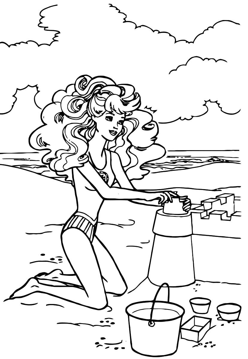 Раскраска Барби на пляже. Скачать барби.  Распечатать барби