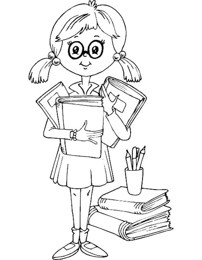 Раскраска  школа. Девочка школьница держит учебники. Скачать Школа.  Распечатать Школа