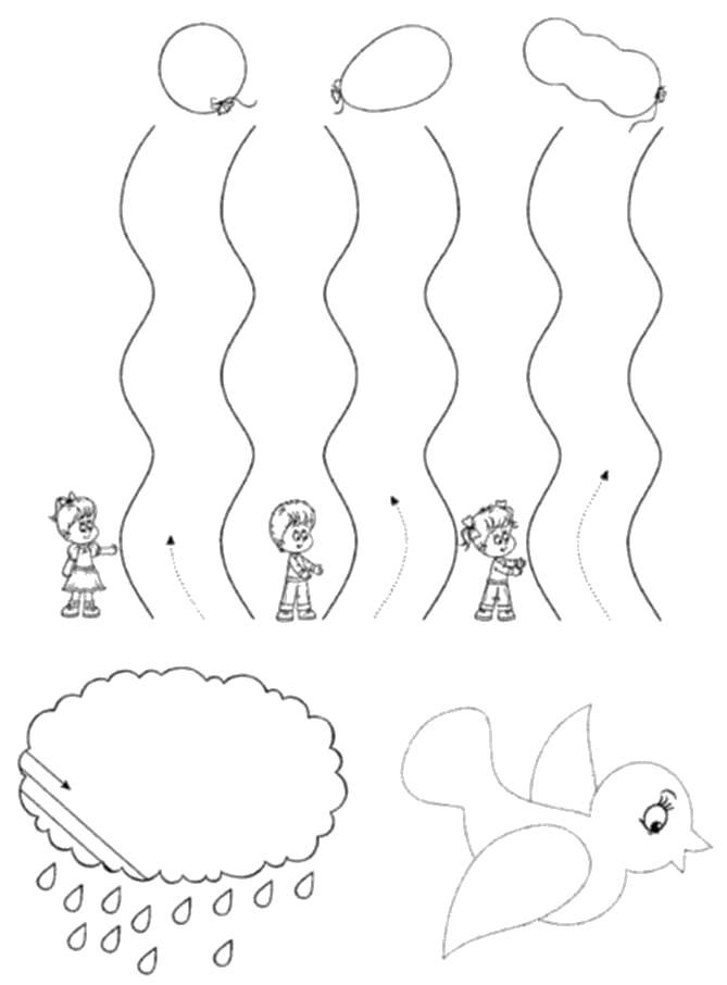 Раскраска Дорожки-штриховки, дети, воздушные шарики, облако, птица . Прописи с рисунками