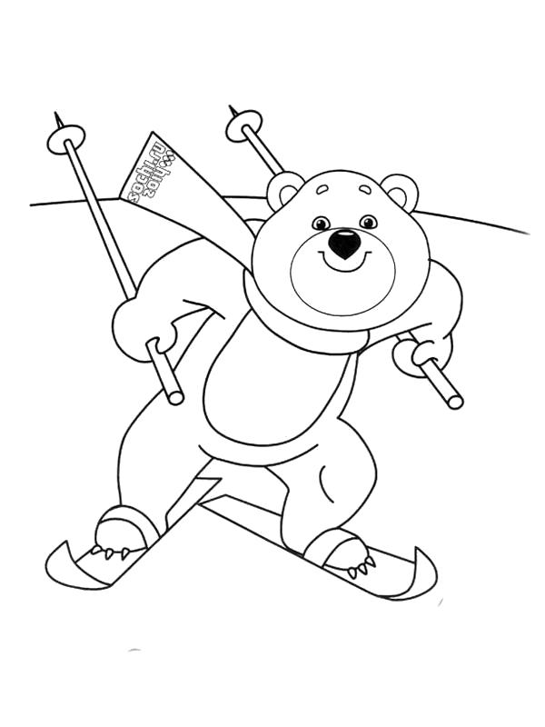 Раскраска  олимпийские талисманы мишка лыжный спорт, мишка катается на лыжах.. Скачать Мишка.  Распечатать Мишка