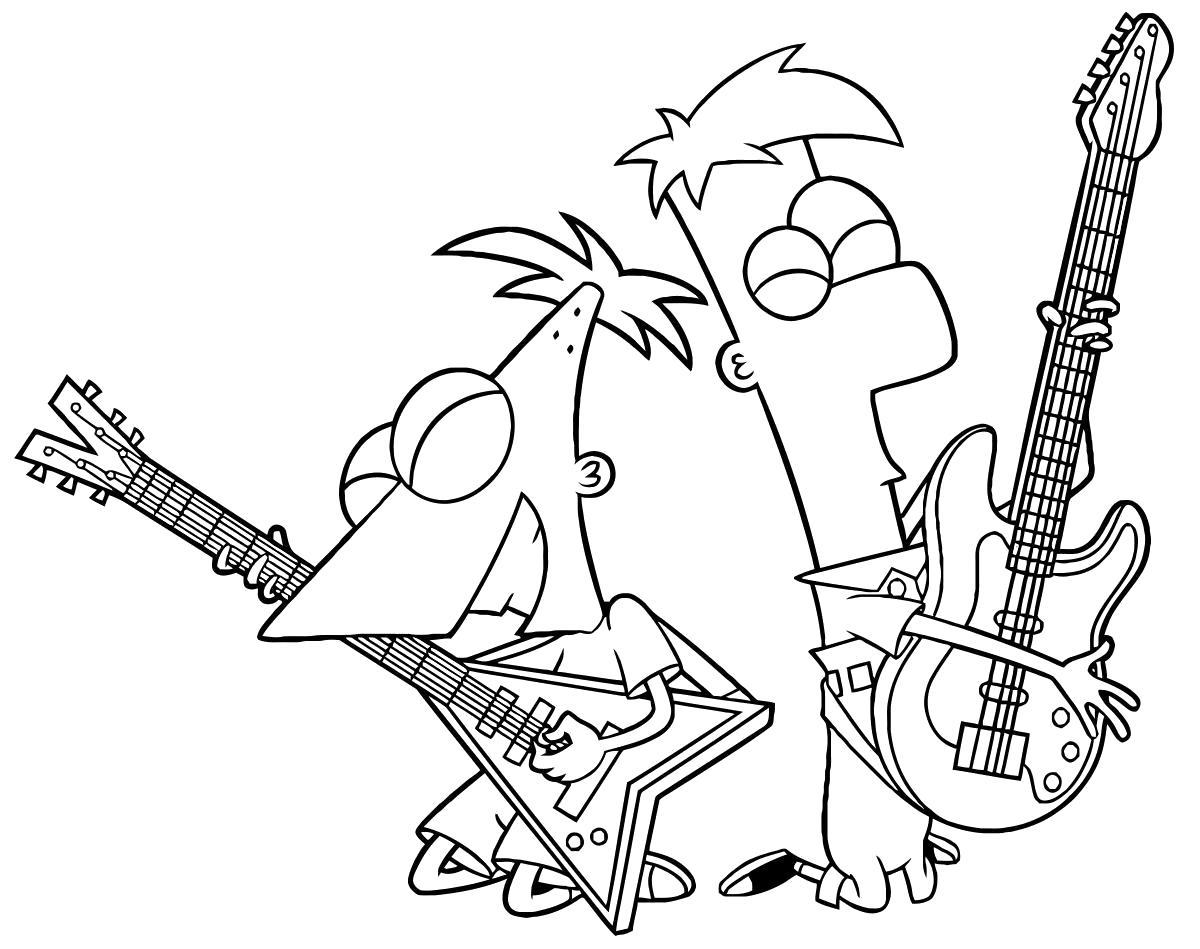 Раскраска Фин и Фёрб играют на гитарах. Скачать .  Распечатать 