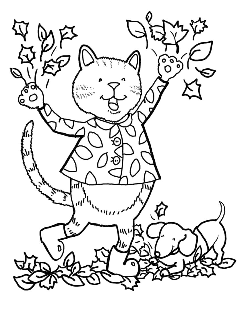 Название: Раскраска кот с листьями. Категория: Осень. Теги: Осень.