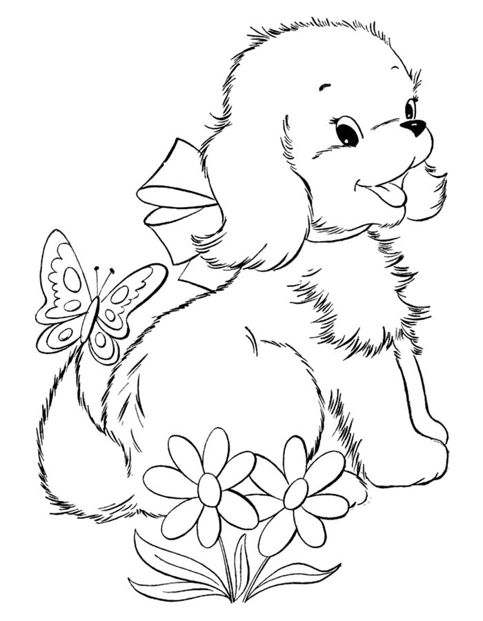 Раскраска  щенок с цветочками и бабочкой. Скачать Щенок.  Распечатать Щенок