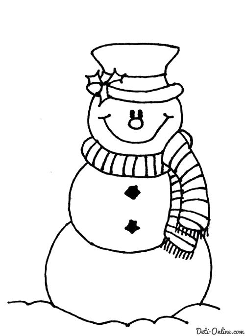 Раскраска  Снеговик в полосатом шарфе  Снеговик. Скачать снеговик.  Распечатать снеговик