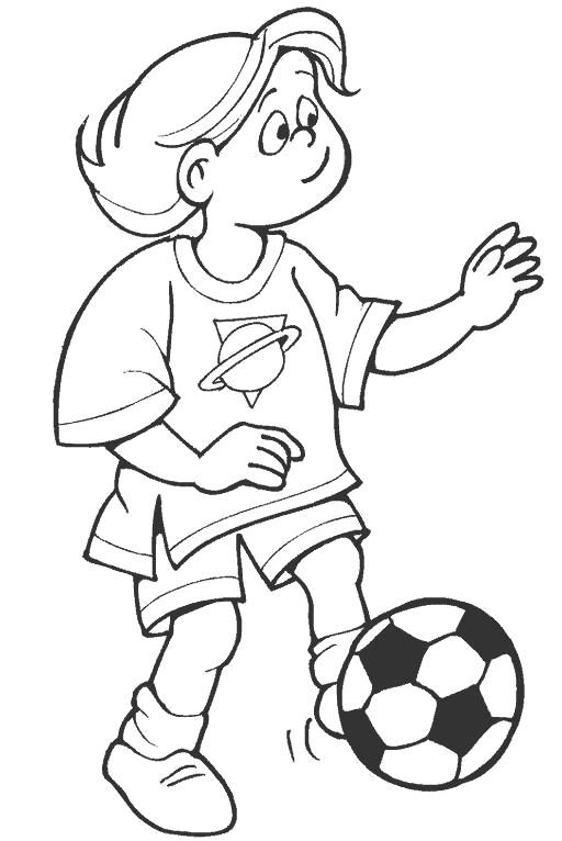 Раскраска футбольный мячик, мальчик бьет по мячу. Футбол