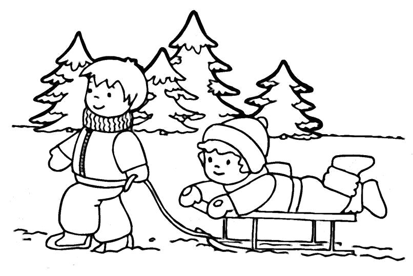 Раскраска Распечатать раскраску зима, ребята катаются на санях. 