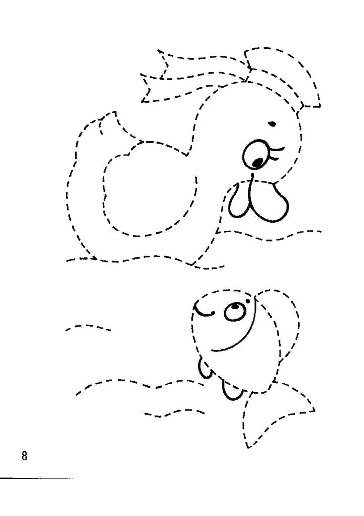 Раскраска Прописи для малышей, утка и рыба. Прописи
