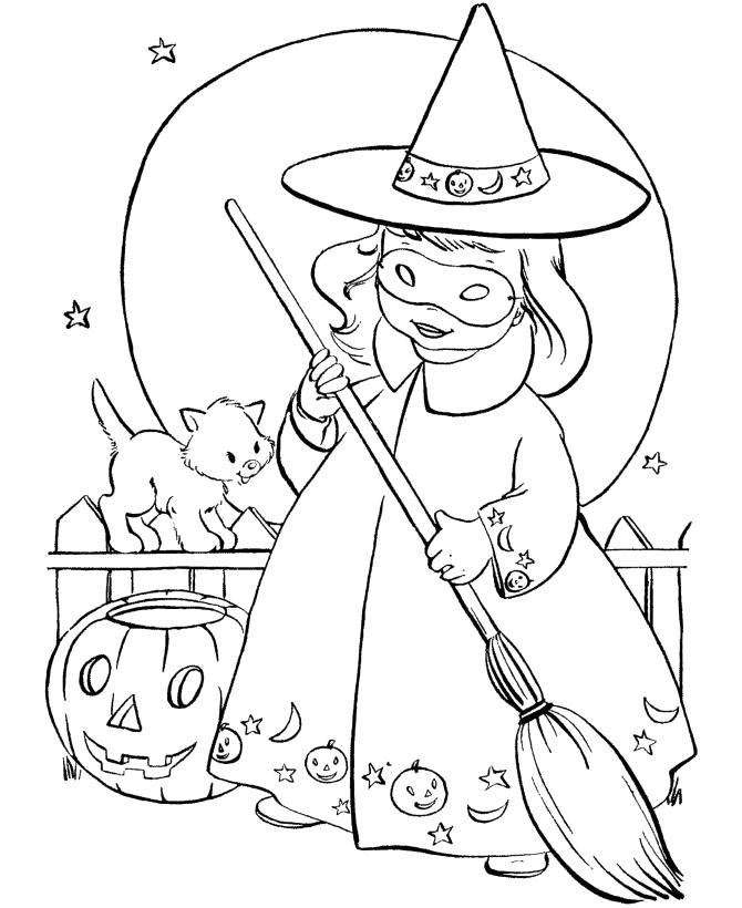 Раскраска Девочка на Хэллоуин. Скачать ведьма.  Распечатать Хэллоуин