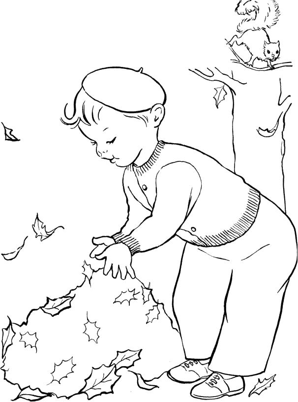 Раскраска Ребенок убирает листья. Скачать листья.  Распечатать растения