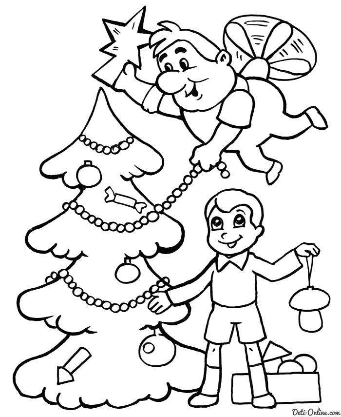 Раскраска  Малыш и Карлсон украшают новогоднюю ёлку. 