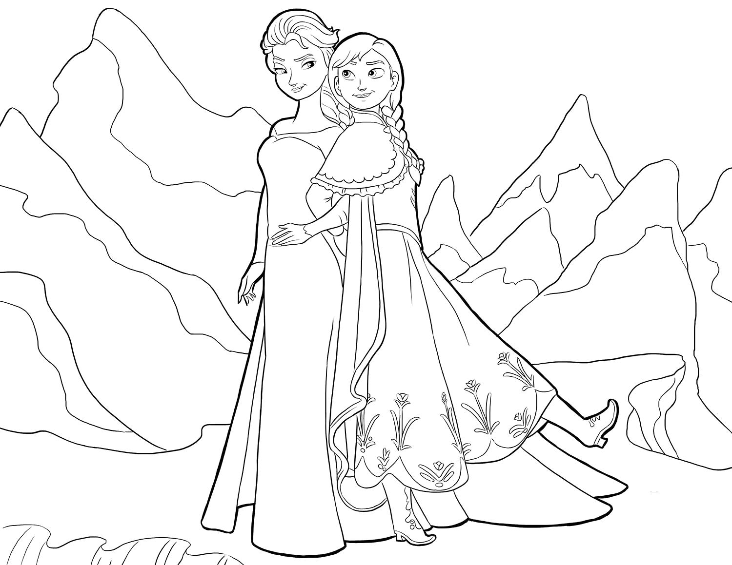 Раскраска Эльза и Анна в горах. Скачать Эльза.  Распечатать Эльза