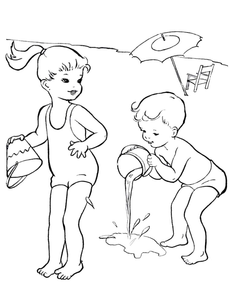 Название: Раскраска мальчик поливает из ведра, девочка с ведром. Категория: Лето. Теги: Лето.