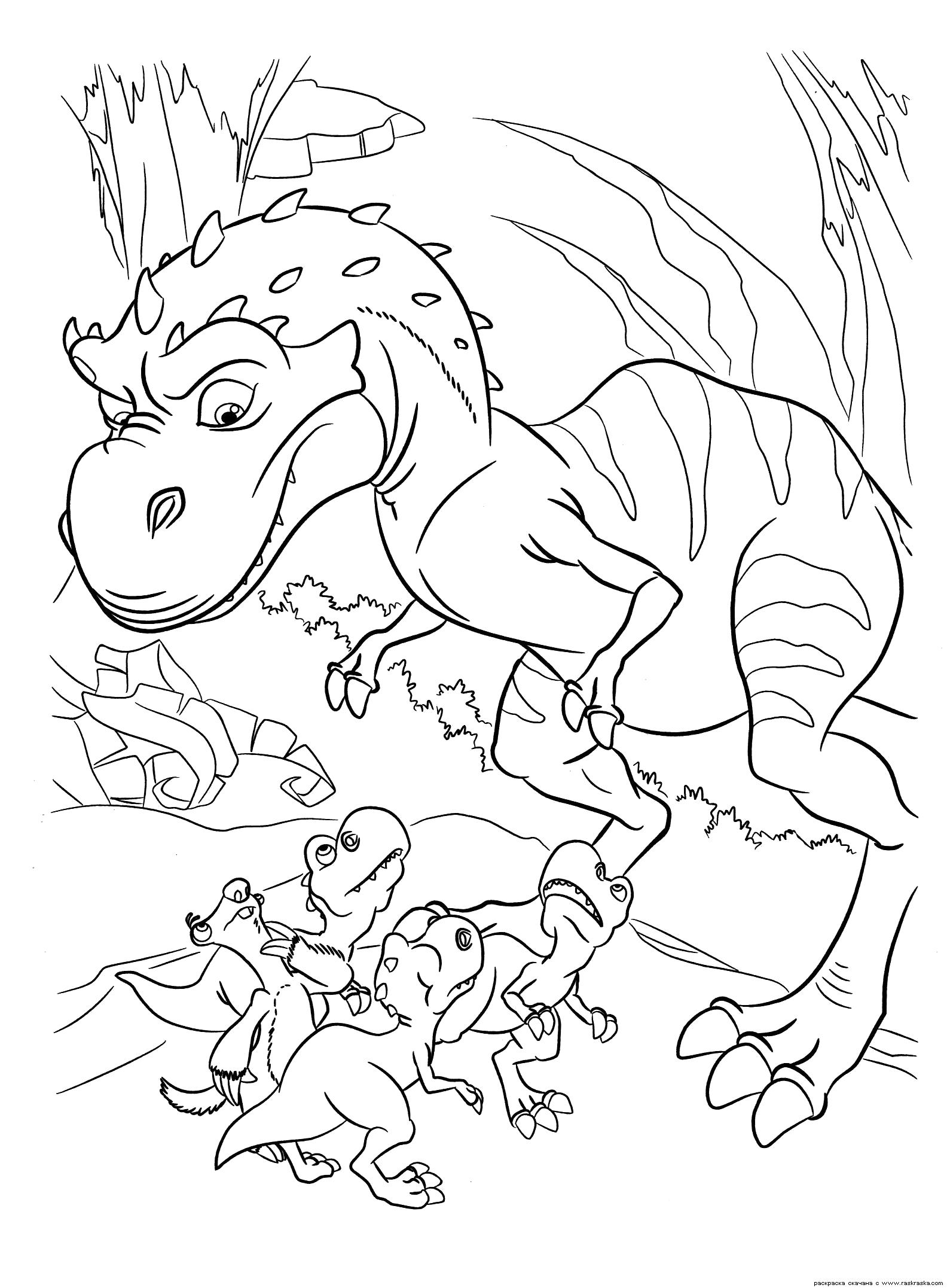 Раскраска Раскраска Мама динозавр. Раскраска Динозаврики из мультика Эра Динозавров, Ледниковый период 3, Сид ленивец разукрашка для детей. динозавр