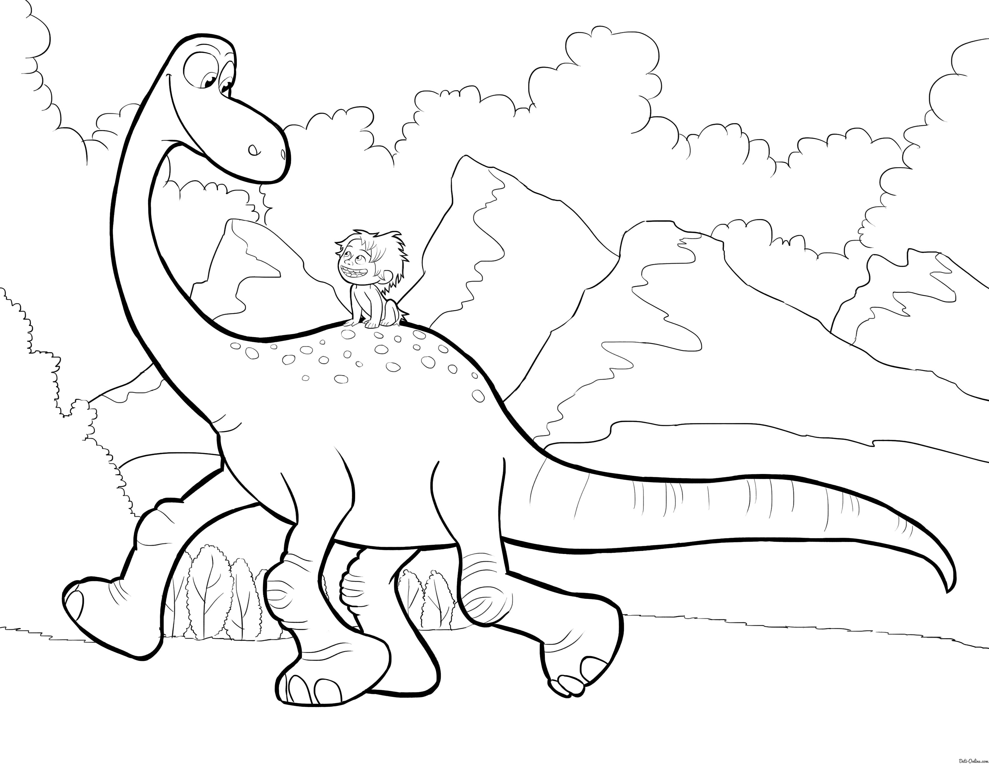 Раскраска  Спот верхом на Арло. Скачать динозавр.  Распечатать динозавр