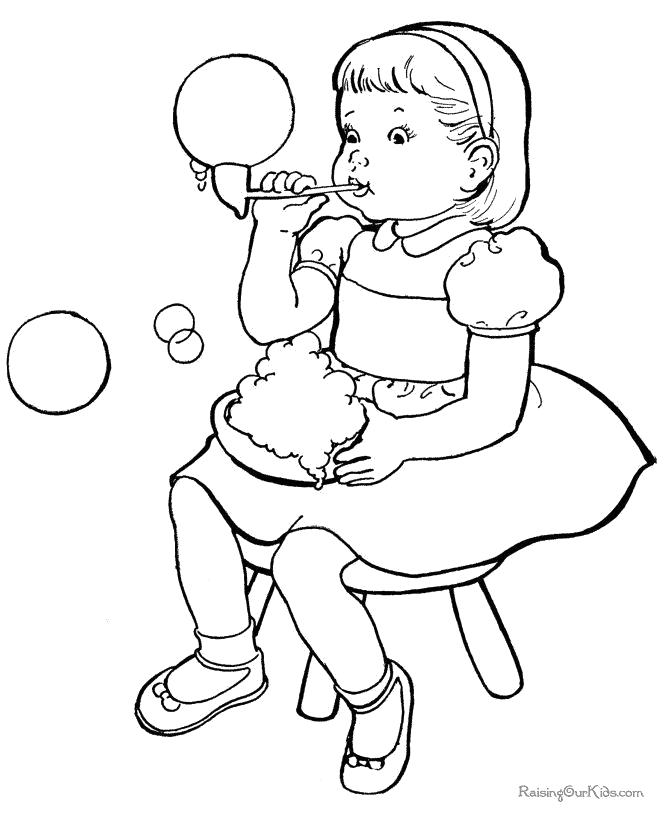 Раскраска раскраска девочка надувает мыльные пузыри. Девочка