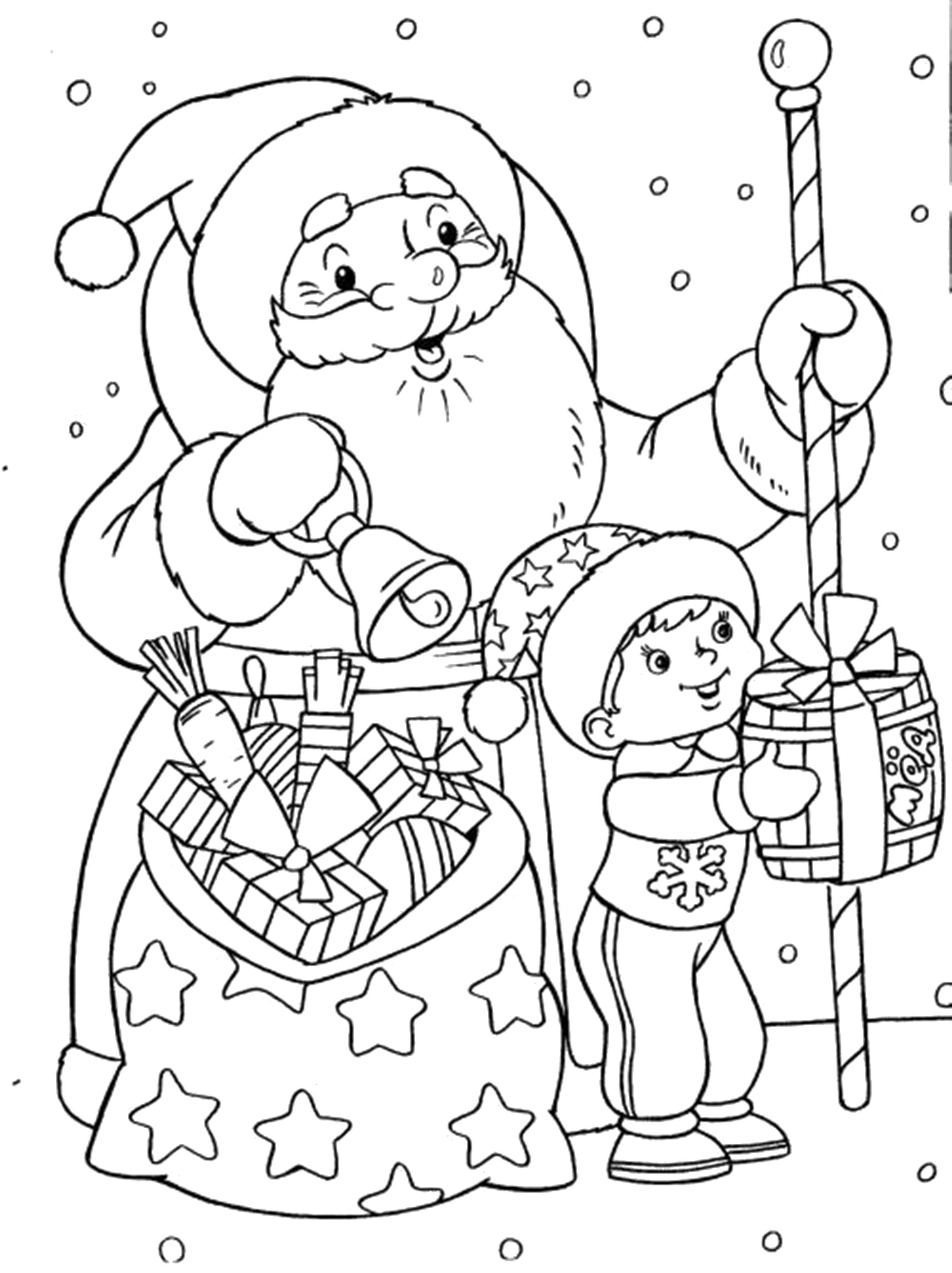 Раскраска дед мороз принес подарки, дед мороз и мальчик, дед мороз дарит подарки, мальчик дарит подарки, дед мороз звенит в колокол. новогодние