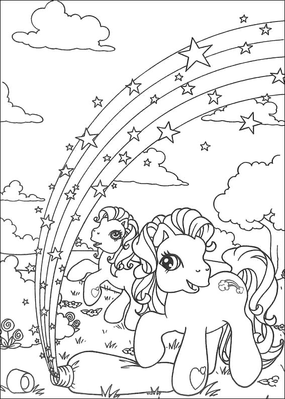 Раскраска две пони и радуга со звездами. пони