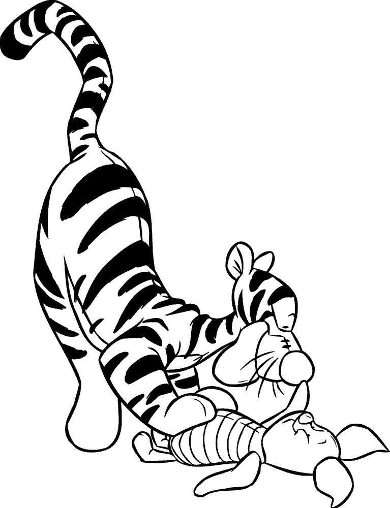 Раскраска Тигр играет с пятачком. Скачать .  Распечатать 