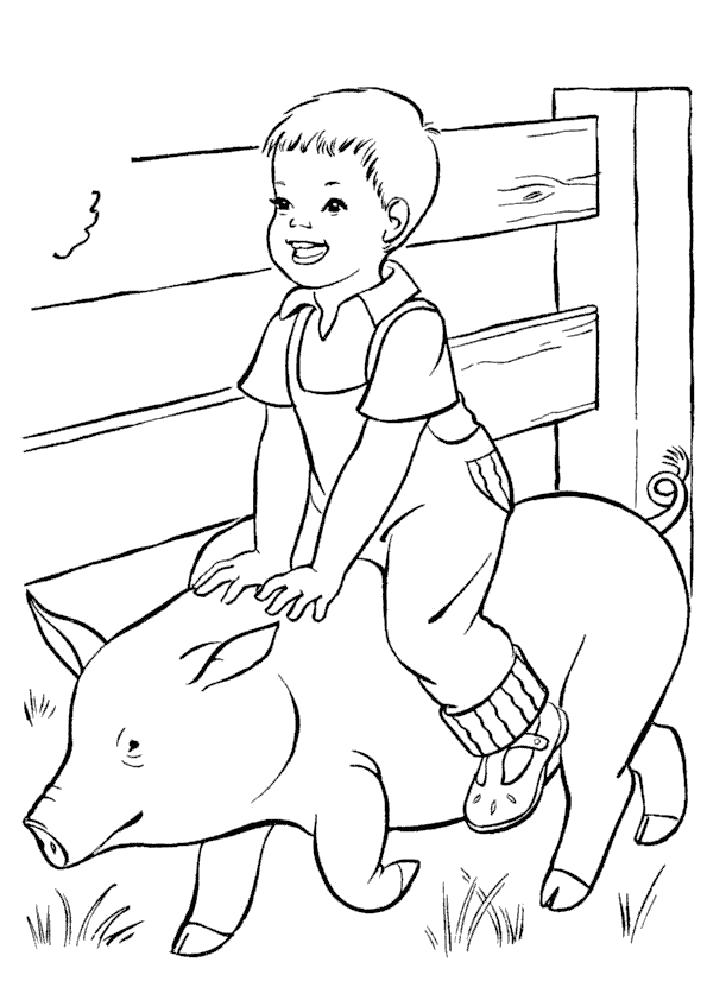Название: Раскраска мальчик катается на свинушке. Категория: Лето. Теги: Лето.