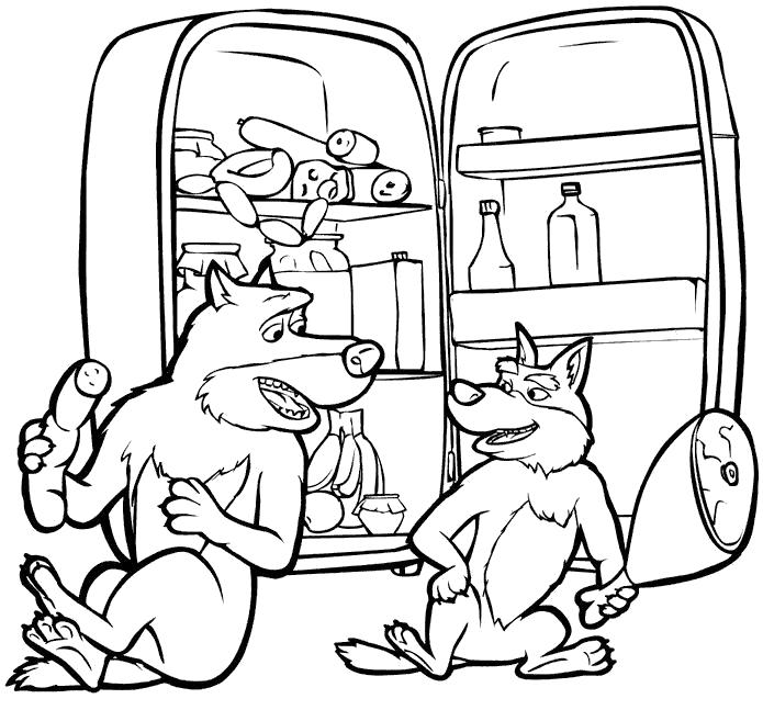 Раскраска волки едят около холодильника. Скачать мясо, колбаса.  Распечатать еда