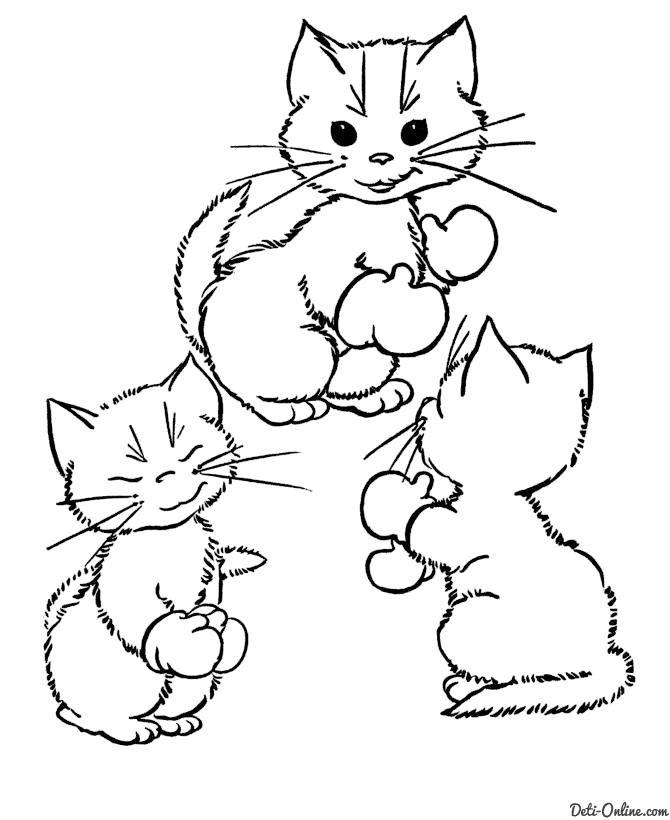 Раскраска  Кошка с котятами в варежках. Домашние животные