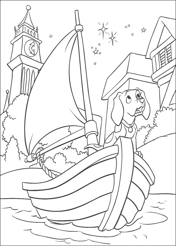 Раскраска Раскраска для детей - 101 далматинец, обведи и раскрась, собака плывет на кораблике. 101 далматинец