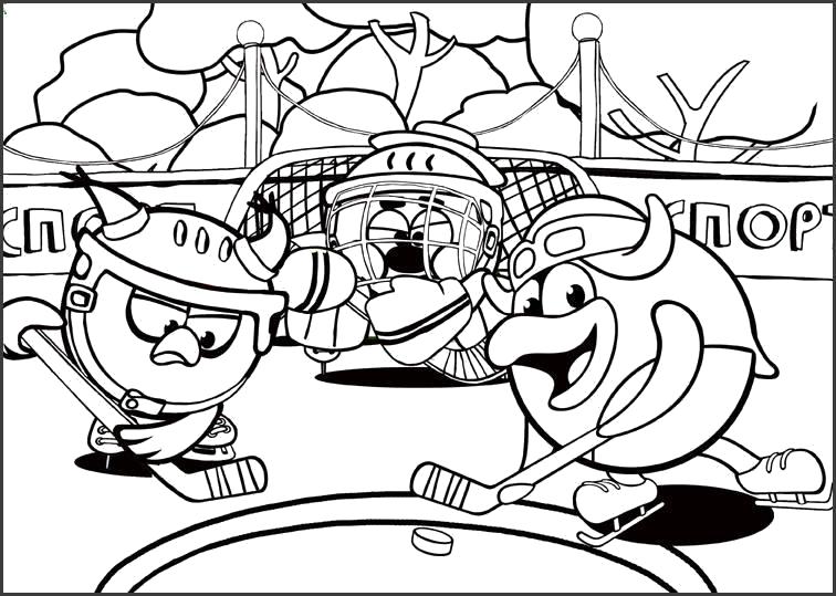 Название: Раскраска Смешарики играют в хоккей на льду. Категория: Смешарики. Теги: Пин, Совунья, Копатыч.
