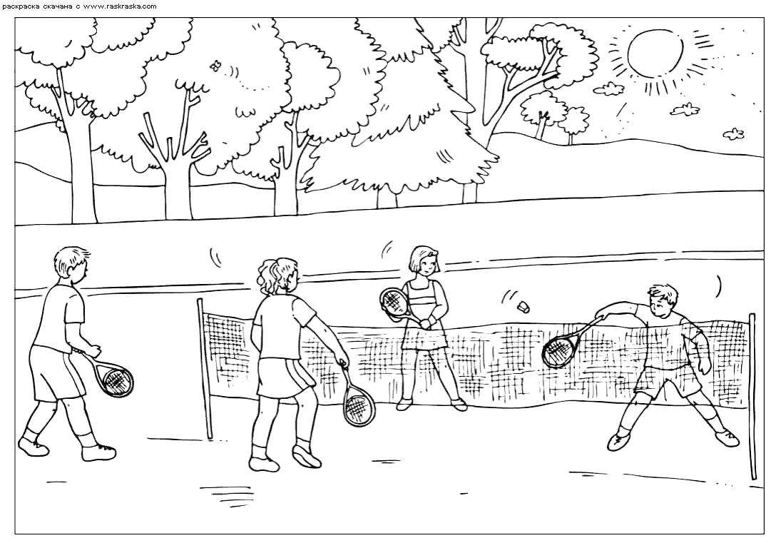 Раскраска Раскраска Игра в теннис. Раскраска Большой теннис,теннисный корт, дети играют в теннис, раскраски спорт. Теннис
