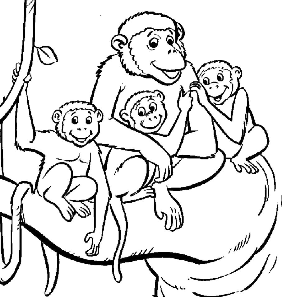 Раскраска  обезьяна мама с детьми. Скачать обезьяна.  Распечатать обезьяна