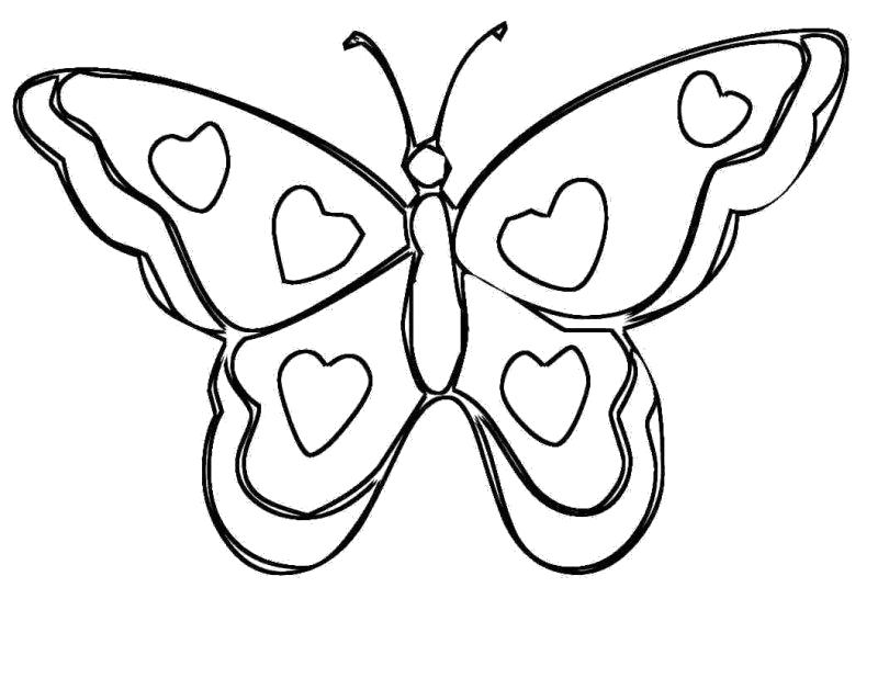 Раскраска Сердечки на крыльях. Скачать бабочки.  Распечатать бабочки