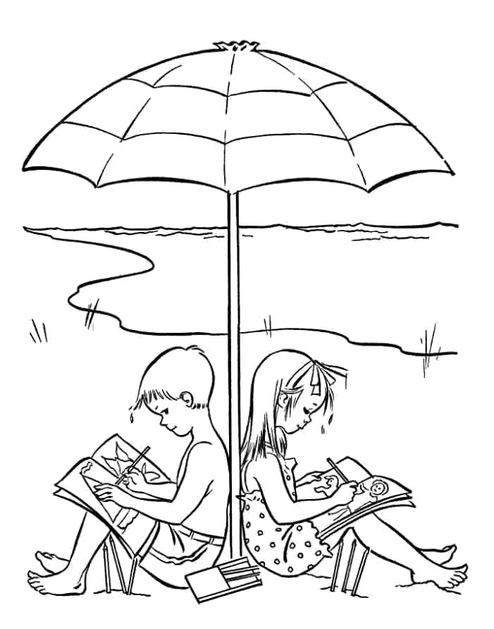 Раскраска девочка и мальчик сидят на берегу по зонтом.. Лето