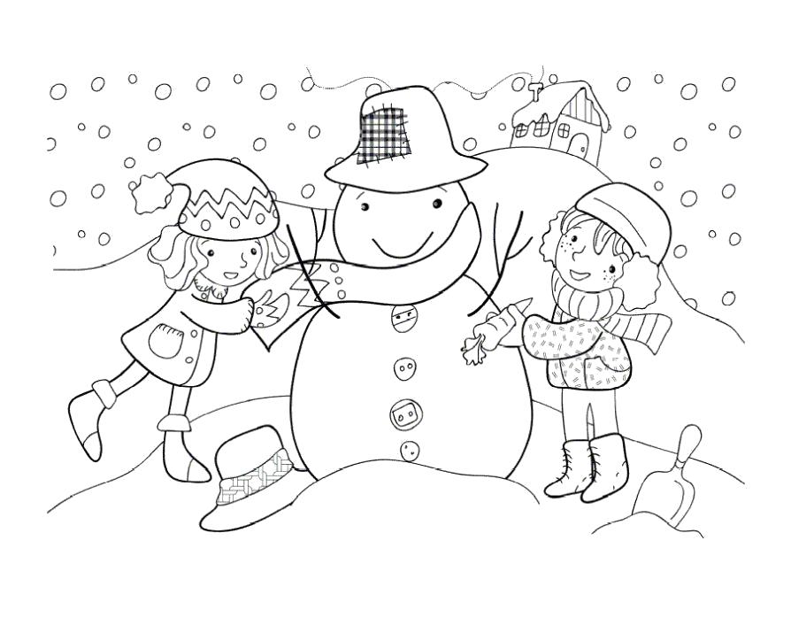 Раскраска  снеговик и дети. Скачать снег.  Распечатать снег