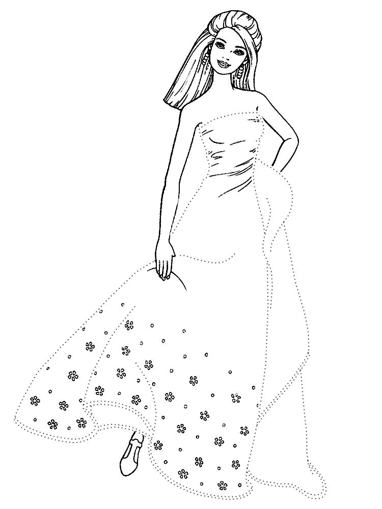 Раскраска Распечатать черно-белые картинки Барби для девочек. Обведи по точкам контур и раскрась Барби в нарядном платье.. дорисуй по точкам
