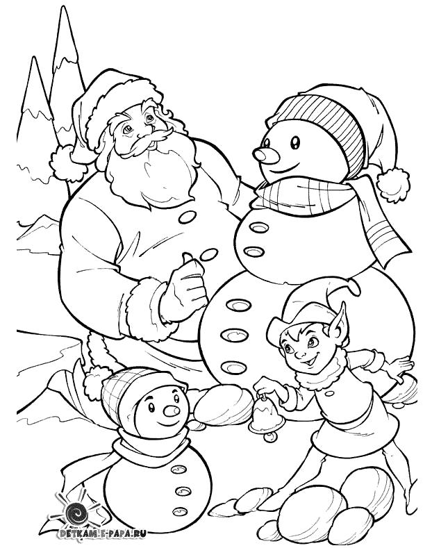 Раскраска  Снеговик, мальчик играется со снеговиком, Санта Клаус и снеговик. Скачать снеговик.  Распечатать снеговик