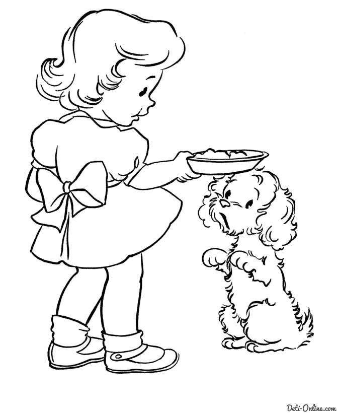 Раскраска  Девочка кормит собаку. Скачать Девочка.  Распечатать Девочка