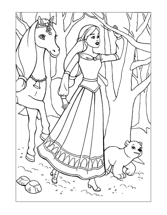 Раскраска Раскраски Барби гуляет по лесу. барби