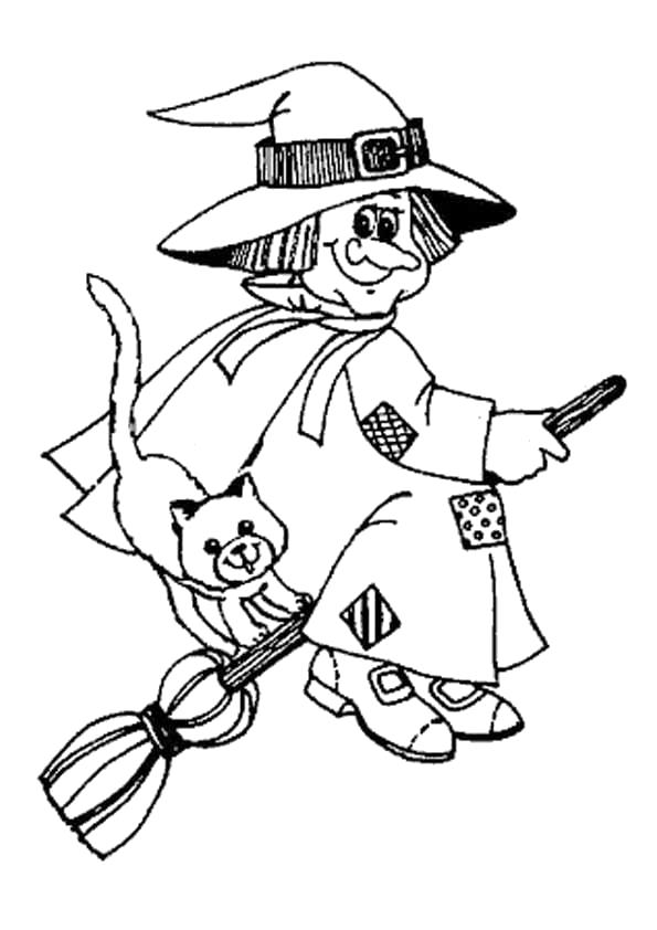Раскраска Раскраски на Хэллоуин. ведьма с котом на метле. Хэллоуин