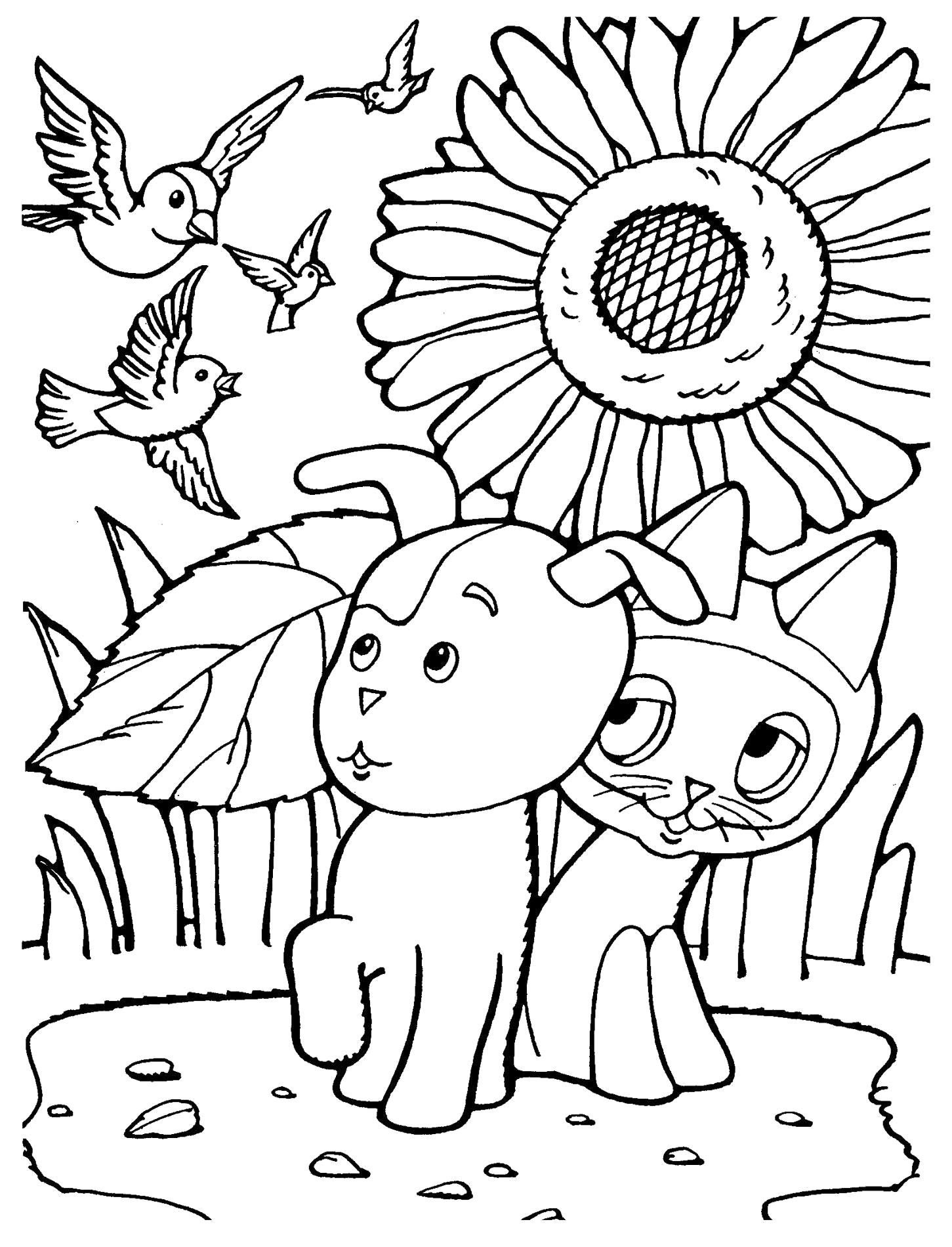 Раскраска Мультфильм Котенок по имени Гав! котенок и собака шарик испугались птиц. 