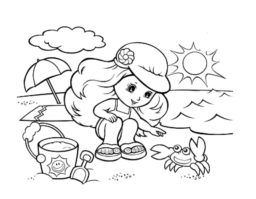 Раскраска девочка играет с крабом на пляжу. Лето
