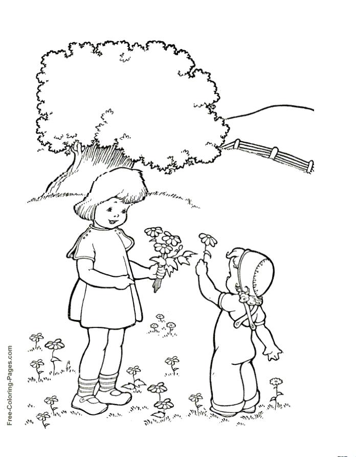 Раскраска маленький мальчик дает девочке цветы, . Скачать Весна.  Распечатать Весна