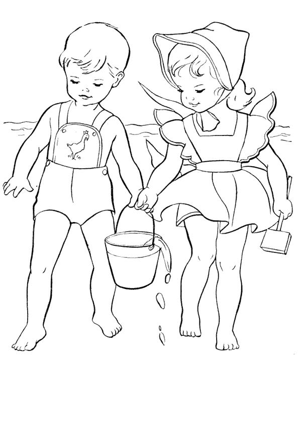 Раскраска мальчик и девочка несут ведро воды. Лето