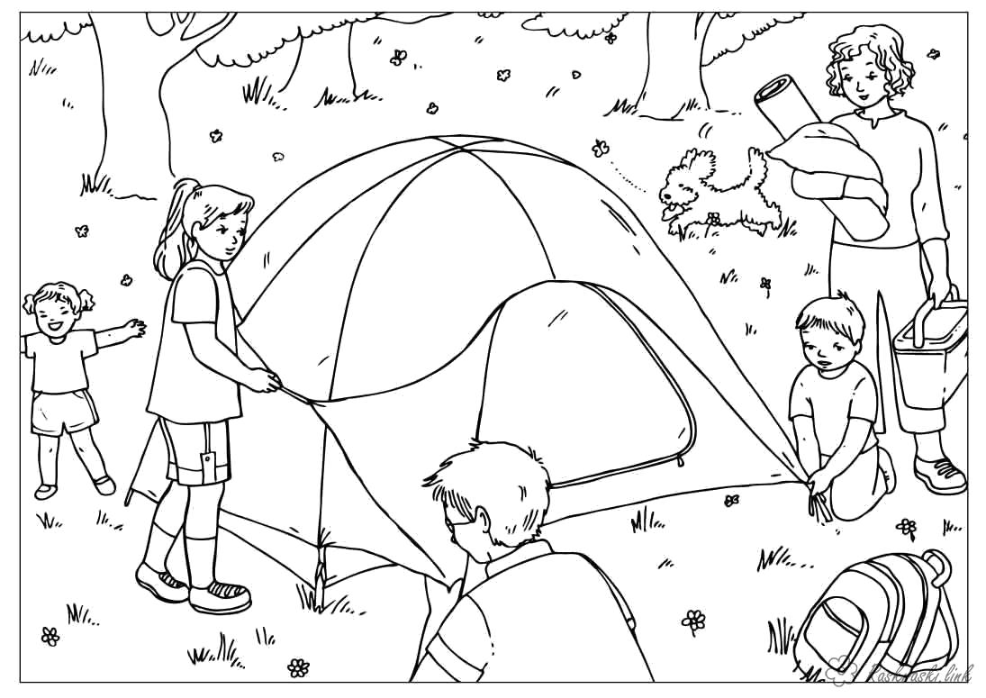 Раскраска Раскраски лето рисунок дети играют собирают палатку мама. Лето