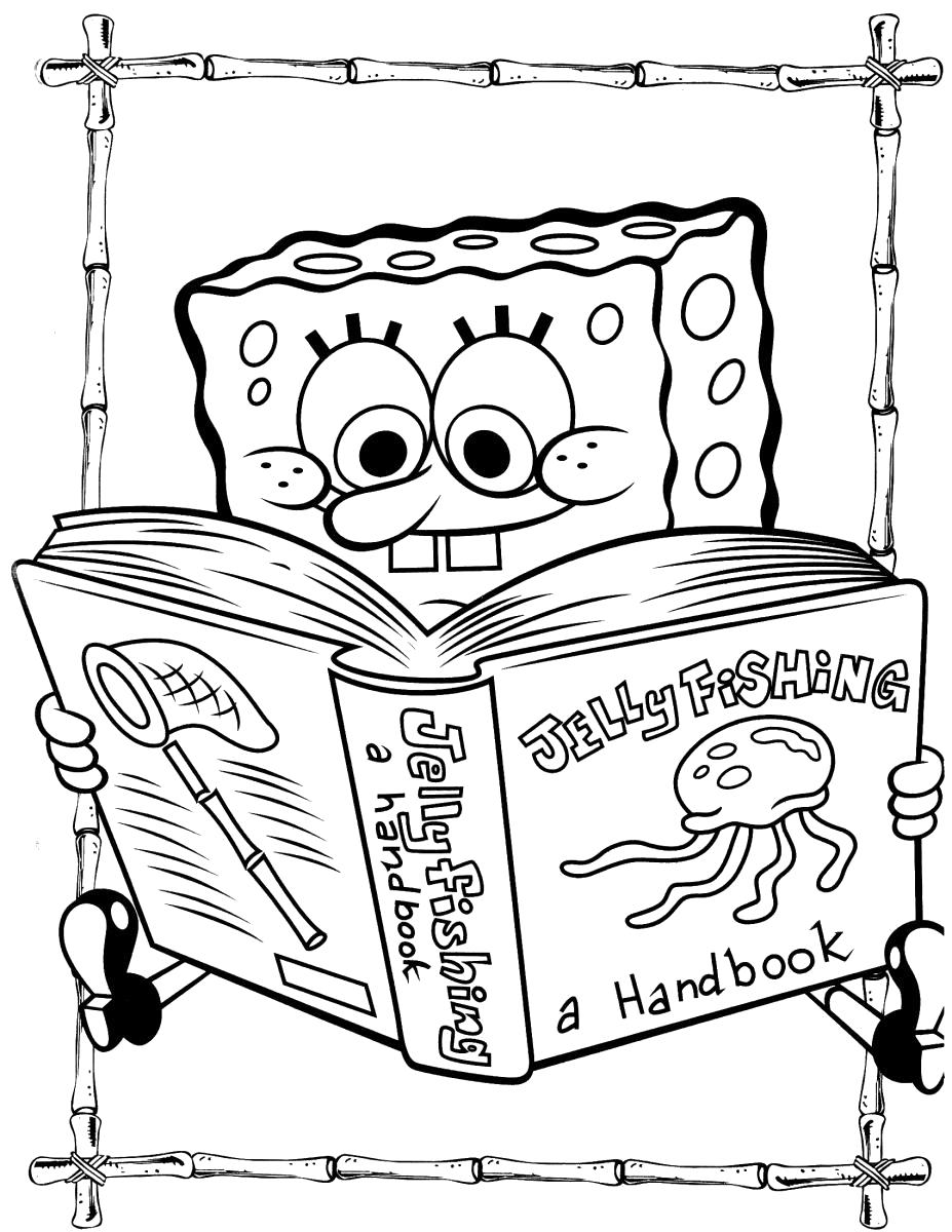 Раскраска Спанч Боб читает книгу. Скачать Губка Боб.  Распечатать Губка Боб