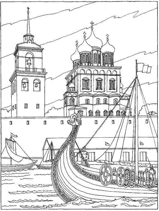 Название: Раскраска Башня, Красная площадь, Храм, Москва река, Лодка. Категория: Москва. Теги: Москва.