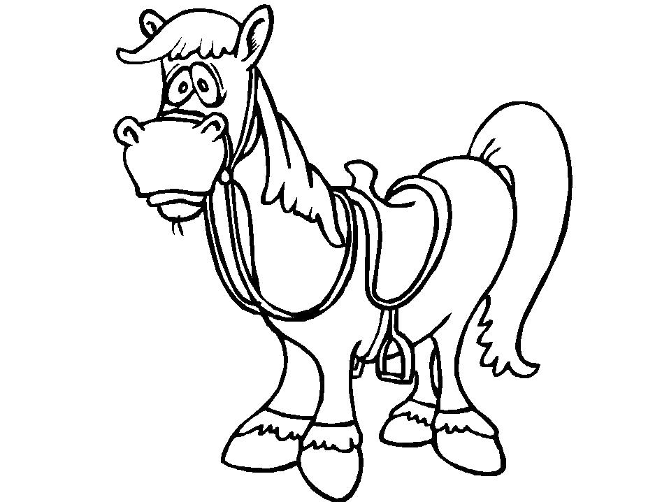 Раскраска  Лошадь с седлом. Домашние животные