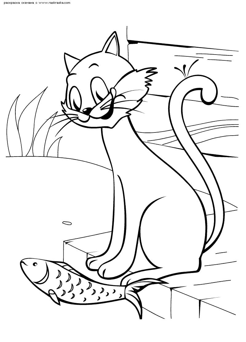 Раскраска  Кот с рыбой. Скачать кот.  Распечатать Домашние животные