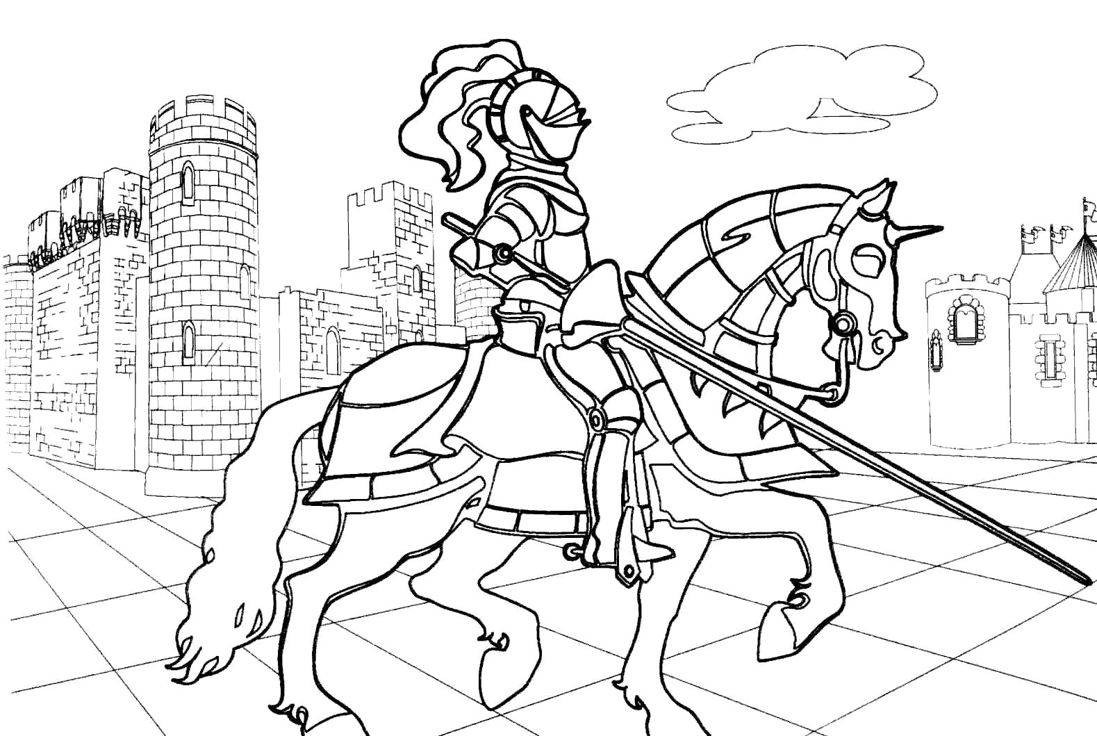 Раскраска Средневековый рыцарь на коне. Рыцарь
