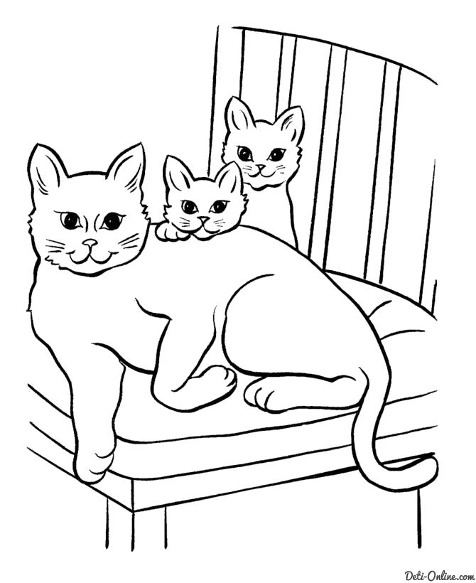 Раскраска  Кошка и два котенка. Скачать кошка, Котенок.  Распечатать Домашние животные