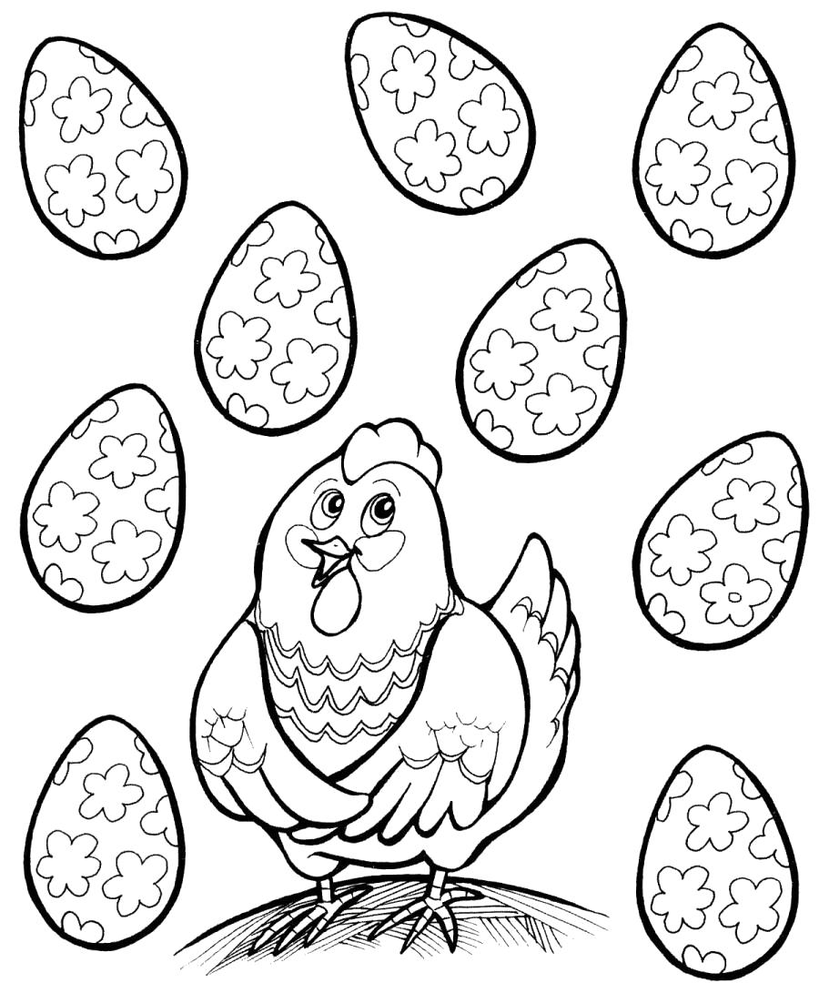 Раскраска Курочка Ряба с красивыми яйцами. Скачать курочка ряба.  Распечатать курочка ряба