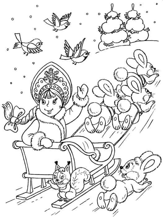Раскраска Снегурочка едет на санях с зайцами.. Новый год